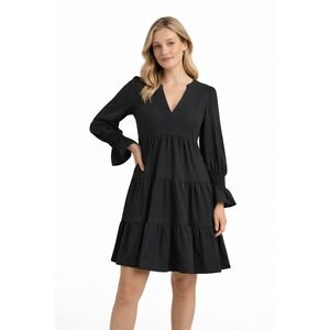 Pomander Place Black Tiered Babydoll V-Neck Dress Smocked‎ Ruffle Cuff Y20393T L